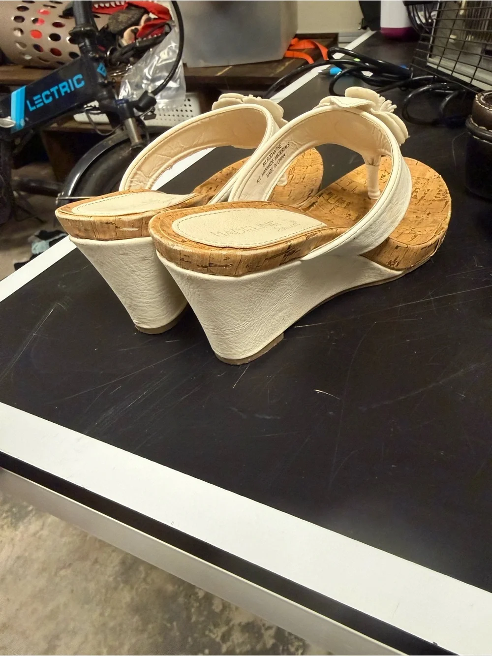 Madeline Stuart Cream Floral Cork Thong Wedge Sandals
